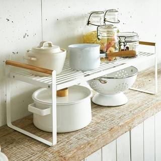Yamazaki Küchenregal Regal Küchen-Organizer 60x22cm weiß Metall mit Holzgriffen Tosca 03803