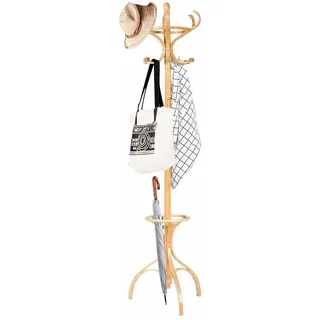 Costway Garderobenstaender Holz, Jackenstaender Mit 12 Haken, Kleiderstaender Mit Schirmstaender, Garderobe Standgarderobe 182cm Natur