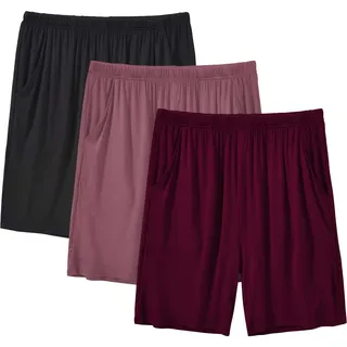MoFiz Damen Schlafanzughose Kurz Pyjamahose Weich Modal Nachtwäsche Sommer Schlafshorts 3 Pack Schwarz/Dunkelrosa/Burgunderrot XL - XL