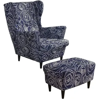 ZGantrix Ohrensessel überzug mit Hocker Bezug, 2 Teilig Sessel-Überwürfe+1 Teilig Ottomane Schonbezug, Beige/Grün/Rosa/Blau Ohrensessel Schonbezüge Sesselhusse Stretch Tiger Stuhlbezug mit Armlehne