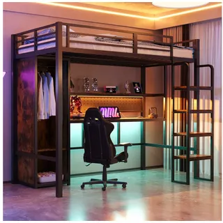 STILVORA Hochbett 90x200 Metallbett mit Schreibtisch Jungendbett mit Stecktafel schwarz