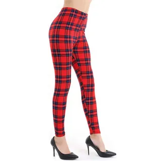 Aventy Damen Leggings mit Karomuster, elastisch, volle Länge, Rot Gr. One size , Rotes Tartan-Muster - Einheitsgröße