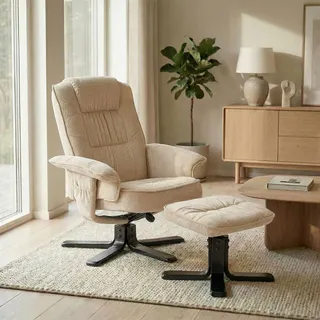 IDIMEX Relaxsessel Charly mit Hocker beige - TV Sessel mit Verstellbarer Rückenlehne, Wohnzimmersessel mit Seitenfach und Beinablage, Loungesessel aus Kordstoff