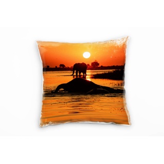Paul Sinus Art Tiere, badende Elefant, Sonnenuntergang, orange Deko Kissen 40x40cm für Couch Sofa Lounge Zierkissen - Dekoration zum Wohlfühlen