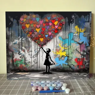 Girl Love Schmetterling Wand Graffiti Banksy Street Art Ölgemälde nach Zahlen Kritzelei Hintergrund DIY Digital Malerei Kit für Erwachsene Anfänger Leinwand Gemälde Handwerk 40,6 x 50,8 cm Geschenk