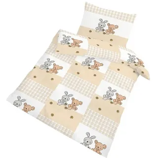 DOBNIG Babybettwäsche Biber Kinderbettwäsche 2tlg. 100x135 cm Hase und Bär kariert beige, Biber, 2 teilig, Niedliches Karo-Design mit Hase und Bär für gemütliche Kinderträume beige