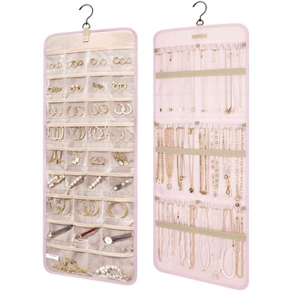 bagsmart Schmuck-Organizer zum Aufhängen, Aufbewahrungsrolle mit Aufhänger, Metallhaken, doppelseitiger Schmuckhalter für Ohrringe, Halsketten, Ringe an Schrank, Wand, Tür, 1 Stück, groß, Rosa