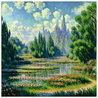 ARTland Wanddeko Glasbilder Wandbild Glas Bild einteilig Quadratisch Landschaften Idyll Teich Seerose Blumen Bäume Van Gogh KI Kunst U4YI