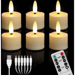 yunsheng 6 Stück Wiederaufladbare LED Teelichter, Flammenlose Kerzen mit Timer-Fernbedienung und 6 Anschlüsse USB-Ladekabel, Warmweißes Flackernde Licht, Halloween Weihnachten Hause Hochzeit Deko