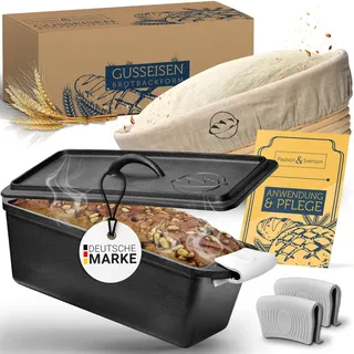 Brotbackform aus Gusseisen mit Deckel inkl. Gärkorb, Silikongriffe Brotform Guss