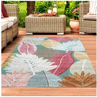 TeppichHome24 Outdoorteppich In- & Outdoor Teppich 3d-effekt Blumen Blätter Muster türkis bunt, Rechteckig beige 140 cm x 200 cm