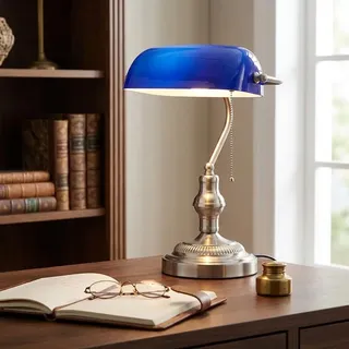 BARCELONA LED Bankerlampe Tischlampe E27 mit Blauem Glasschirm und Nickel Satinierter Basis, Vintage Retro Klassisch Industriell Modern Skandinavisch Schreibtischlampe Büro Bibliothek