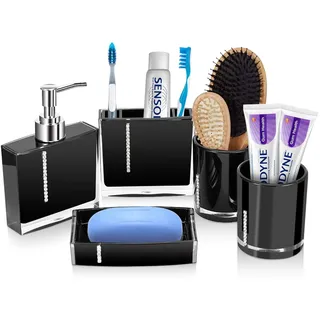 Badezimmer Set 5-teilig Acryl Seifenspender Zahnputzbecher Zahnbürstenhalter Seifenschale Badaccessoires Set für Waschbecken Modern