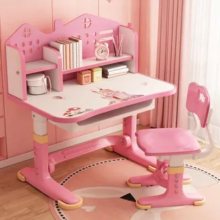 Luojuny Kinder Tisch Stuhl Set, Kinderschreibtisch Höhenverstellbar,Schreibtisch Kinders Mädchen Mädchen & Jungs,Karikatur Kinder Schreibtisch, Kinderschreibtisch Mit Stuhl und Schublade (Rosa)