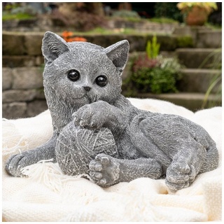 Antikas Gartenfigur Katze mit Wollknäuel groß, Steinguss, grau, H 16cm x T 23cm grau