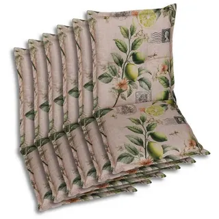Sesselauflagenset, Gelb, Grün, Sand, Textil, 6-teilig, Zitronen, Füllung: Schaumstoff, Vlies, 50x7x100 cm, Oeko-Tex® Standard 100, pflegeleicht, hochwertige Qualität, langlebig, für den Außenbereich geeignet, mittels Bändern zu befestigen, Gurtband befestigen, Outdoor-Kissen, Gartenstuhlauflagen, Niedriglehner-Auflagen
