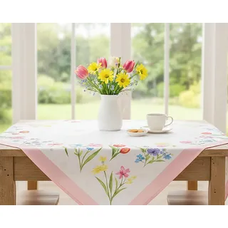 KAMACA Mitteldecke Blumenwiese – 80x80 cm Tischdecke für Frühling und Sommer – Florales Druck-Motiv für Haus und Garten – Waschbare Mitteldecke bunt mit rosa Rand