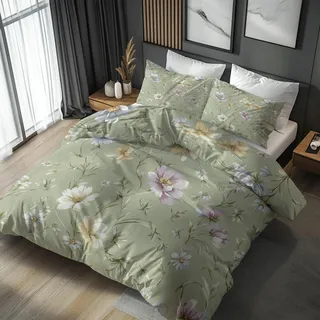 Generisch Bettwäsche 135x200 Blumen Salbeigrün, Weiche Bügelfreie Mikrofaser Bettbezug Set 2tlg, Floral Botanisch Muster Schlafzimmer Deko, 1 Kissenbezug 80x80, mit Reißverschluss RZG149