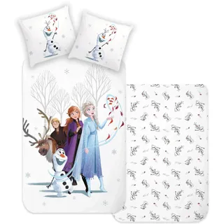 Disney Home Frozen Kinder Wendebettwäsche Set 135x200 - Kopfkissenbezug 80x80-2-teilig ELSA, Anna, Kristoff und Olaf Bettwäsche Weich und angenehm auf der Haut, Super weiche Renforce 100% Baumwolle