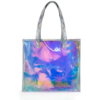 FuninCrea Laser Schultertasche Damen Holographisch Handtasche Damen, Extra Groß Tote Bag Durchsichtig Damen Handtasche Wasserdichtes PVC Handtasche Damen Umhängetasche für Arbeit Reisen (Mittelgroße) - Mittelgroße