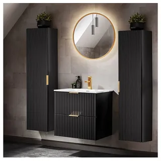 Lomadox Badmöbel-Set ADELAIDE-56-BLACK, (Spar-Set, 4-St), schwarz mit gerillter Front 161/200/46 cm schwarz 160 cm x 200 cm x 46 cm