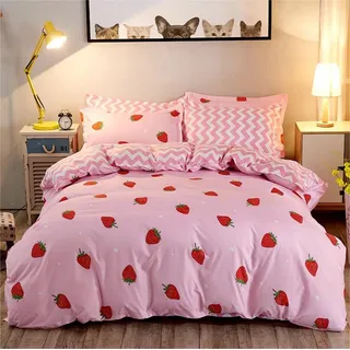 Freyamy Kinder Bettwäsche 135x200cm Mädchen Rosa Rot Erdbeere Herzen Kinderbettwäsche Microfaser Weiche Bettwaren-Sets 1 Bettbezug mit Reißverschluss und Kissenbezug 80x80cm