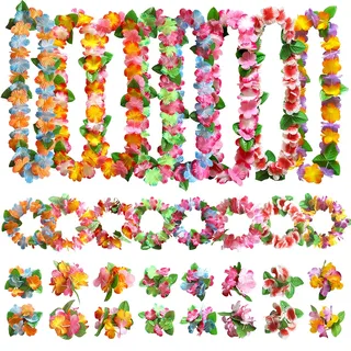 32 Stück Hawaii Party Dekorationen, Hawaii Blumen Halsketten-Blumen Armband Stirnband, für tropische Hawaii Party Thema Strandparty Hawaiian Nachtbar Strandurlaub