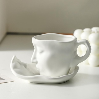 XIUWOUG Kreatives Gesicht Keramik-Kaffeetassen Set mit Untertasse,Cappuccino Latte Tasse und Untertasse,Espresso-Kaffeetassen,Mikrowelle und Geschirrspüler sicher,Weiß