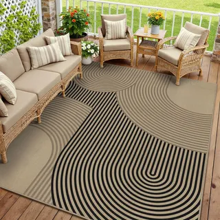PureCozy Outdoor Teppich Wohnzimmer 300x400cm Outdoorteppich Wetterfest Balkon Braun Schwarz Teppiche Jute Optik Waschbarer rutschfest Groß Carpet Terrassen Garten Esszimmer BüRo Indoor Rug