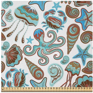 Abakuhaus Stoff DIY Bastler Stoff für Dekorationszwecke, Meduse Krabben Octopus Sea Shells blau 230 cm x 500 cm