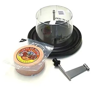 Girolle Schweizer Käsehobel Tradition mit Haube und Halber Laib Tete de Moine Käse