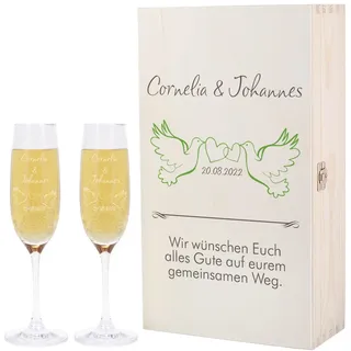 Leonardo Premium Geschenkbox mit 2 Sektgläser zur Hochzeit mit Gratis Gravur und bedruckter Privatglas Holzbox - schönes Hochzeits-Geschenkset