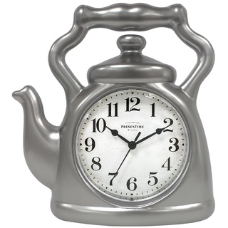 Presentime & Co. Teekannen-Uhr, geräuschlos, kein Ticken, moderner Bauernhaus-Stil, Wand- und Kaminuhr, 2-in-1-Uhr, Schreibtisch- und Regal-Uhr, Stahl-Silber-Finish