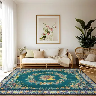 Teppich Wohnzimmer Waschbarer, Blumen Kurzflor Teppich Großer, Weicher Vintage Schlafzimmer Teppiche Rutschfest & Pflegeleicht Design für Esszimmer Büro Bereich Dekor Dunkelgrün Größe 140x200cm