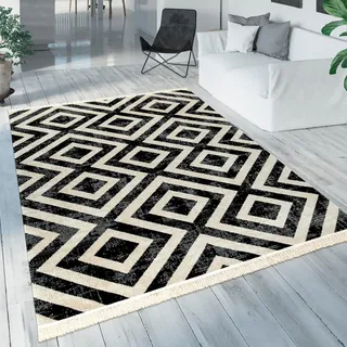 Teppich »Poco 821«, rechteckig, Kurzflor, Rauten Design, mit Fransen, In- und Outdoor geeignet, 37500855-0 schwarz/weiß 6 mm