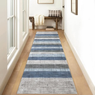 Siunwdiy Teppich Läufer Flur Küche 40x180cm Küchenteppich rutschfest Blau grau Gestreift Waschbar Meterware Schlafzimmer Korridor Teppichläufer Lang, Länge Anpassbare, 40-100cm Breit
