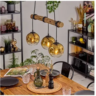 hofstein Pendelleuchte Hängelampe aus Metall/Holz/Glas in Schwarz/Natur/Goldfarben/Klar, ohne Leuchtmittel, Hängeleuchte im Retro/Boho Design mit Glasschirmen und Holzbalken, E27 beige