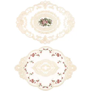 2 Stück Spitzendeckchen Oval Vintage, Mitteldecke Spitze Beige, Spitzen Tischset 31 x 42 cm, 31 x 44 cm, Spitzen Tischdecke Klein für Esstisch Couchtisch Kaffeetisch Gartentisch