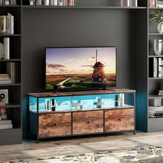 BRILVERDE LED TV Schrank mit 3 Schubladen aus Stoff, TV Lowboard mit offenem Stauraum, Fernsehschrank für Wohnzimmer, Aufbewahrungsschrank, 137x30x57cm (Tigerleder A)