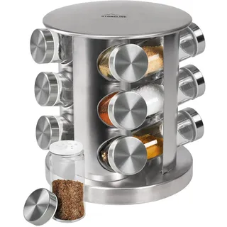 STONELINE Gewürzregal Stehend mit 12 Gewürzgläser, Edelstahl Glas Gewürzkarussell 360° Drehbar Gewürz Organizer Gewürzständer Rund, Gewürzdosen Gewürz Streuer mit Etiketten, Aufbewahrung Küche Zubehör