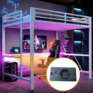 Merax Etagenbett 140x200 cm, Gaming-Metall-Hochbett mit LED-Beleuchtung, USB-Ladestation und Schreibtisch, Stockbett, Kinderbett, Jugendbett, Weiß - Weiß