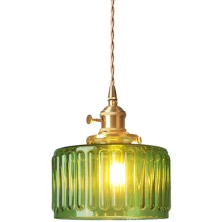 Mini Pendelleuchte mit Geripptem Rundem Glas-Lampenschirm, Industrielle Retro-Loft-Bar E27 Hängelampe Deckenleuchte für Schlafzimmer Esszimmer Kücheninsel (Grün)