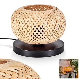 Tischleuchte Bauro, moderne Boho Tischlampe aus Metall/Bambus in Schwarz/Natur, Nachttischlampe mit Schirm in Gitter-Optik (Ø 20cm), An-/Ausschalter am Kabel und Lichteffekt, 1x E27, ohne Leuchtmittel