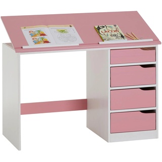 Kinderschreibtisch EMMA aus Kiefer massiv in weiß/rosa, neigungsverstellbar