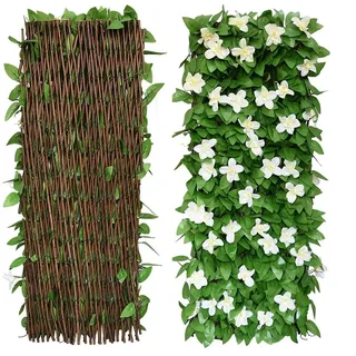 Erweiterbarer Laubschutz-Zaun, Künstlicher Sichtschutz für Balkon, Terrasse, Outdoor - Dekorativer Efeu-Zaun, Hecke, 30 x 200 cm (1 Stück, Weiße Blumen)