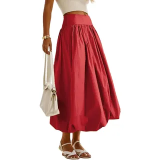 FEATEFACE Damen-Maxirock, Sommer, Rüschen, Ballonrock, lässig, fließend, A-Linie, langer Rock, elastischer Rüschenrock, rot, XL - XL