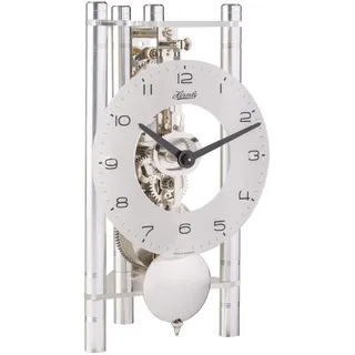 HERMLE Skelett-Tischuhr mit eloxierten Aluminiumsäulen - Dreieck 23025-X40721, arabisches Zifferblatt Glas, Silber, Werk vernickelt, 19,5cm x 11cm x 9cm