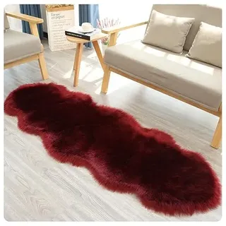 Rockreyoa Lammfell Schaffell Teppich Faux Lammfell Schaffell Teppich Fellteppich Kunstfell Weicher Fell Carpet Kunstfell Teppich Longhair Flauschiger Teppich für Bettvorleger Sofa Weinrot 60x180cm