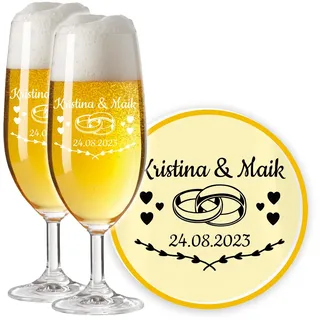LALALO Leonardo Hochzeit Bierglas Geschenk-Set (2 St.) graviert, Biertulpe/Pilstulpe mit Gravur personalisiert als Hochzeitsgeschenk, Hochzeitstag, Standesamt (Herztanz)