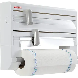 Leifheit Wandrollenhalter Parat, Küchenrollenhalter 3 Rollen, Wandmontage | Präzise Spezialklingen für Alu- und Frischhaltefolie, mit Küchenrollenhalter, frontale Bestückung, 38,5x7x26,5 cm, weiß/grau